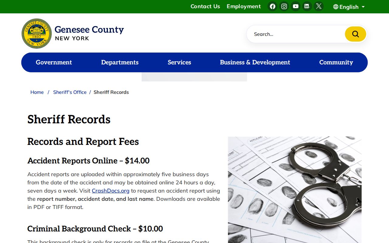 Genesee County booking record request information on the Sheriff Records page